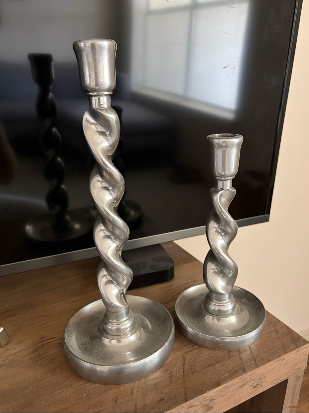 Silver Twisted Spiral Metal Candlestick Pair